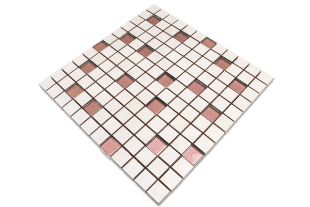 Mosaico in ceramica con inserti di vetro su rete per bagno o cucina 30 cm x 30 cm - Pink Beads