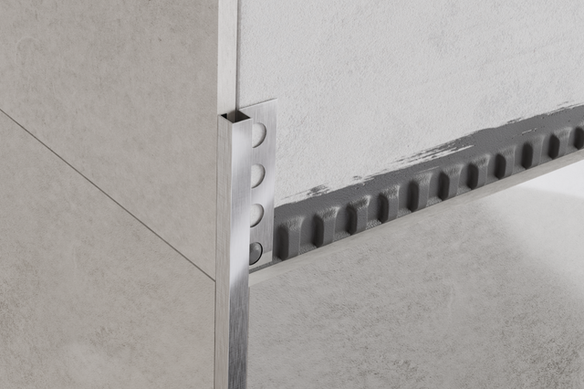 QS rectified corner decorative profile in satin silver stainless steel