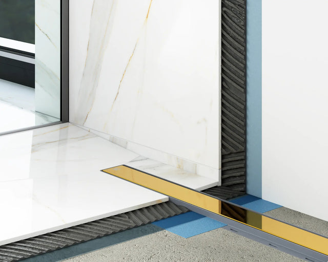 Canalina di scarico lineare per doccia a pavimento in acciaio, 40 cm x 6,5 cm, 61 l/min - oro satinato/lucido