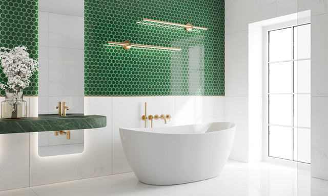 Mosaico in ceramica esagonale su rete per bagno o cucina 32.3 cm x 27.7 cm - Deep Green