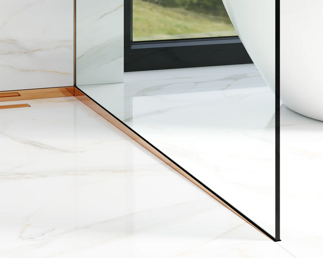 Shower glass panel and right polished copper floor