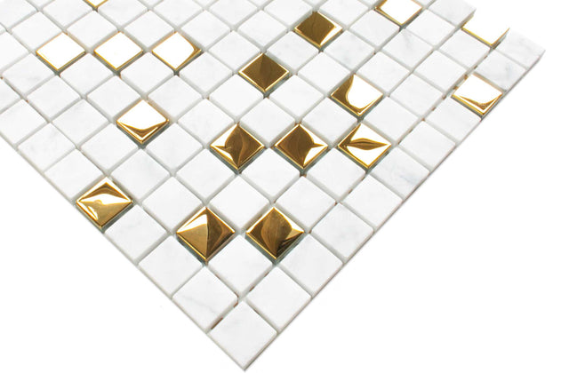 Mosaico de piedra natural con insertos de vidrio, en malla para baño o cocina 30 cm x 30 cm - Mármol Dorado