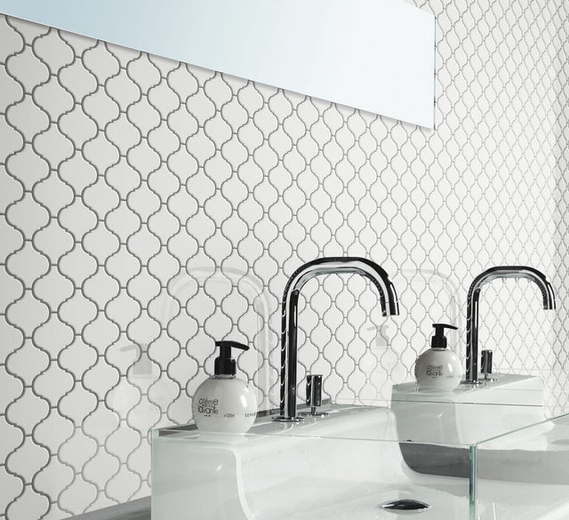 Ceramic mosaic on mesh for bathroom or kitchen 27.5 cm x 24.3 cm - White arabesque