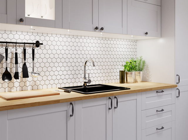 Mosaico in ceramica esagonale su rete per bagno o cucina 27.0 cm x 31.2 cm - White Hexagon