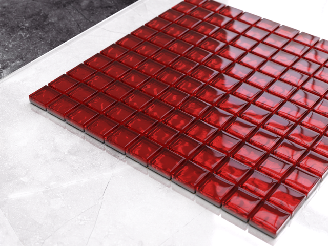 Mosaïque en verre sur filet pour salle de bain ou cuisine 30 x 30 cm - Corail rouge