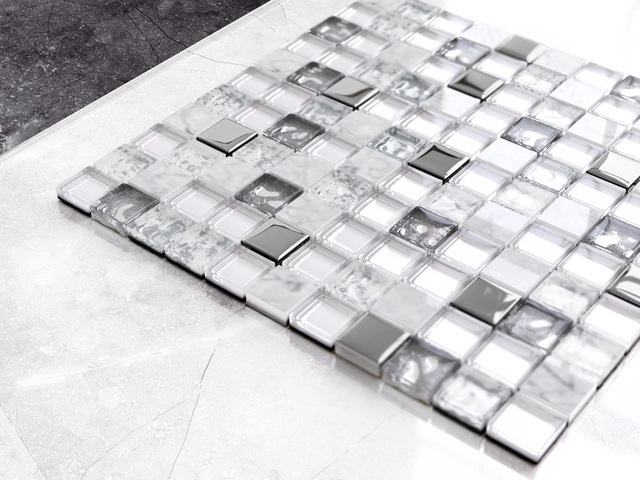 Mosaico in vetro con inserti di pietra naturale su rete per bagno o cucina 30 cm x 30cm - Mixture