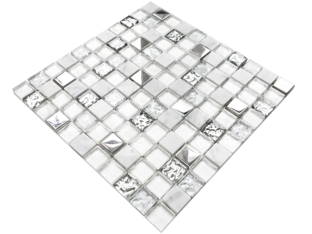 Mosaico in vetro con inserti di pietra naturale su rete per bagno o cucina 30 x 30cm - Mixture
