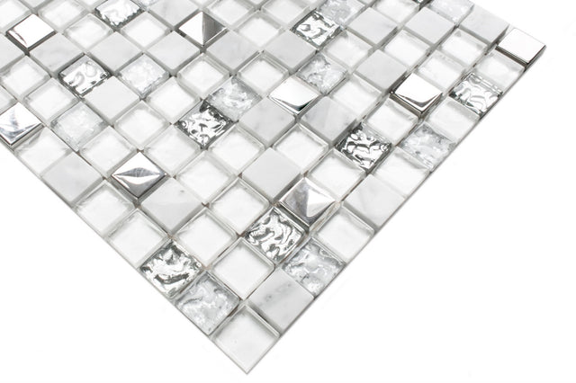 Mosaico in vetro con inserti di pietra naturale su rete per bagno o cucina 30 x 30cm - Mixture