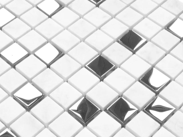 Natural stone mosaic with glass inserts, on mesh for bathroom or kitchen 30 cm x 30 cm - Silver Marble