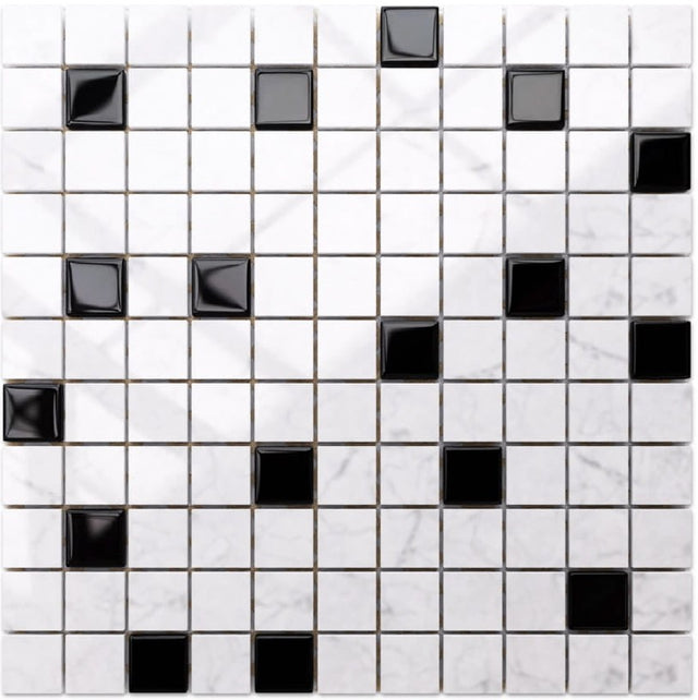Mosaico in pietra naturale con inserti di vetro, su rete per bagno o cucina 30 cm x 30 cm - Black Marble