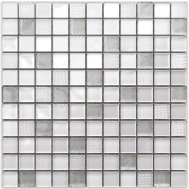 Mosaico in vetro su rete per bagno o cucina 30 cm x 30 cm - Crushed white silver
