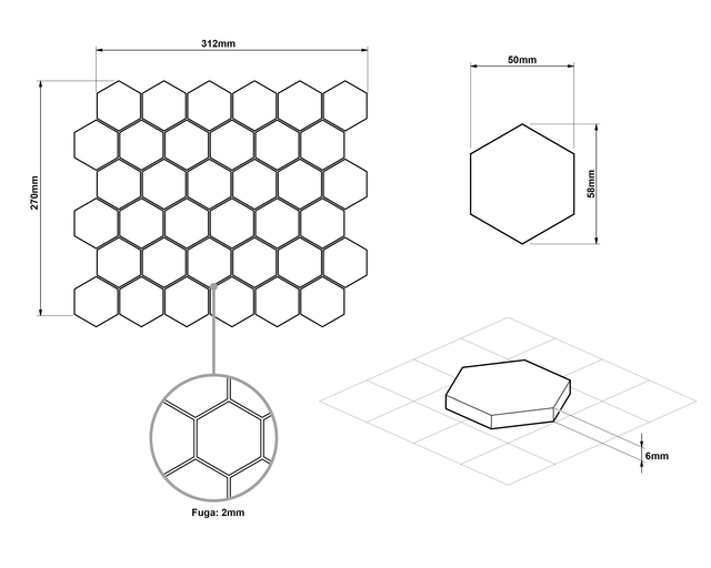 Hexagonal ceramic mosaic on mesh for bathroom or kitchen 27.0 cm x 31.2 cm - Mixed ocean hive