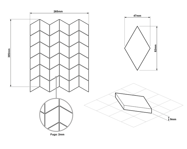 Mosaic in gres on mesh for bathroom or kitchen 26.5 cm x 30.5 cm - Diamond rhombus polished