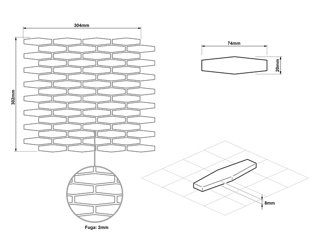 Mosaïque en céramique sur filet pour salle de bain ou cuisine 30,2 cm x 30,4 cm - Long hexagone