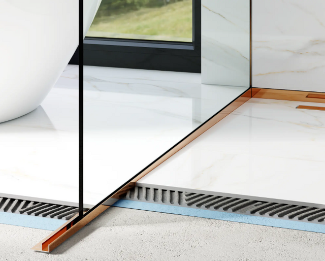 Shower glass profile and left polished copper floor
