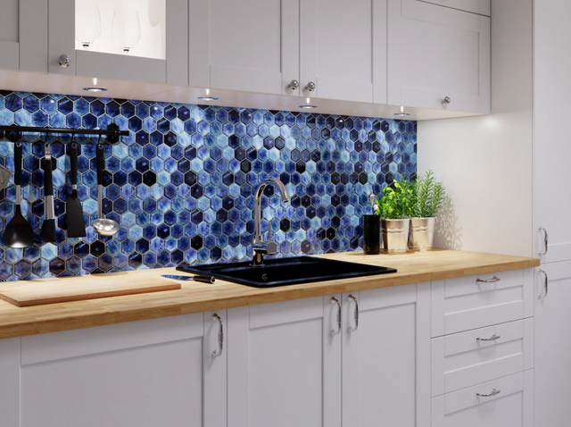Mosaico in ceramica esagonale su rete per bagno o cucina 27.0 cm x 31.2 cm - Mixed ocean hive