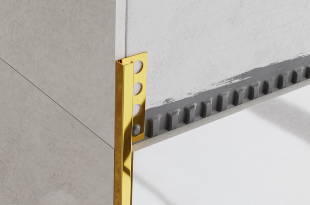 Decorative corner profile P in polished gold stainless steel