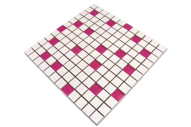 Ceramic mosaic on mesh with glass inserts for bathroom or kitchen 30 cm x 30 cm - White Peony