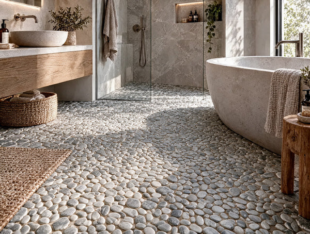 Natural stone mosaic on mesh, R11, for bathroom or kitchen 29.6 cm x 29.6 cm - Heart of stone