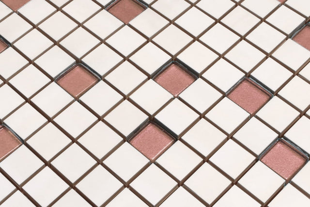 Ceramic mosaic with glass inserts on mesh for bathroom or kitchen 30 cm x 30 cm - Pink Beads