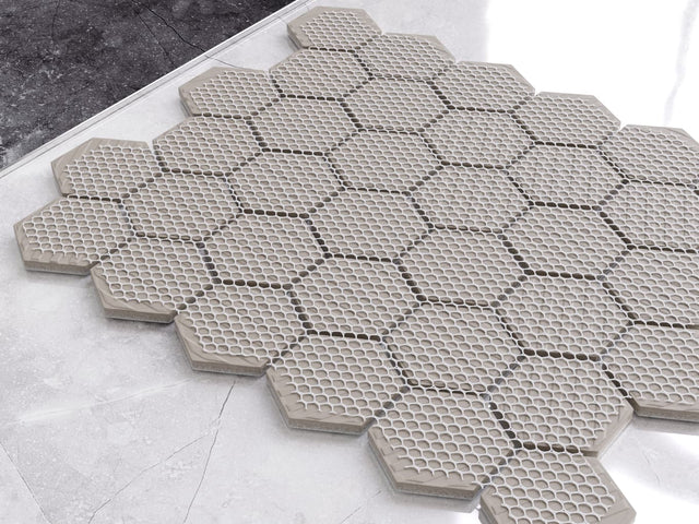 Hexagonal ceramic mosaic on mesh for bathroom or kitchen 32.3 cm x 27.7 cm - Marble Honey