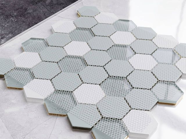 Mosaïque en verre hexagonale sur filet pour salle de bain ou cuisine 30 cm x 30.3 cm - Lave blanche