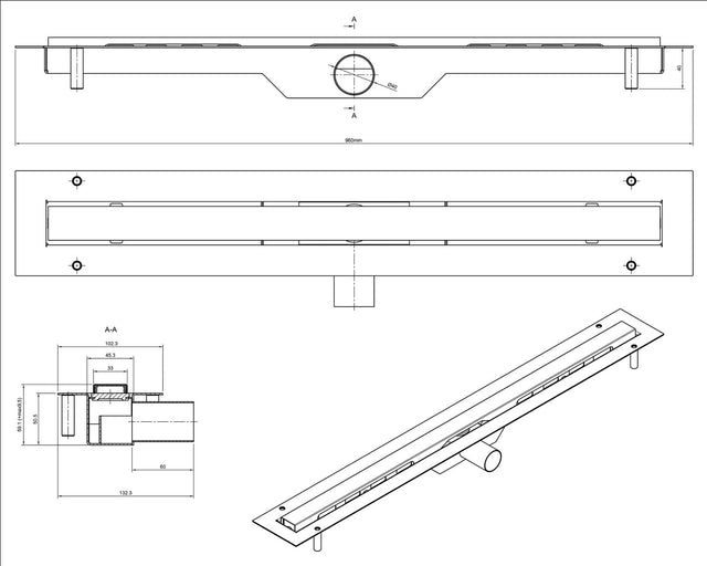 Linear channel for shower drain in glossy black stainless steel