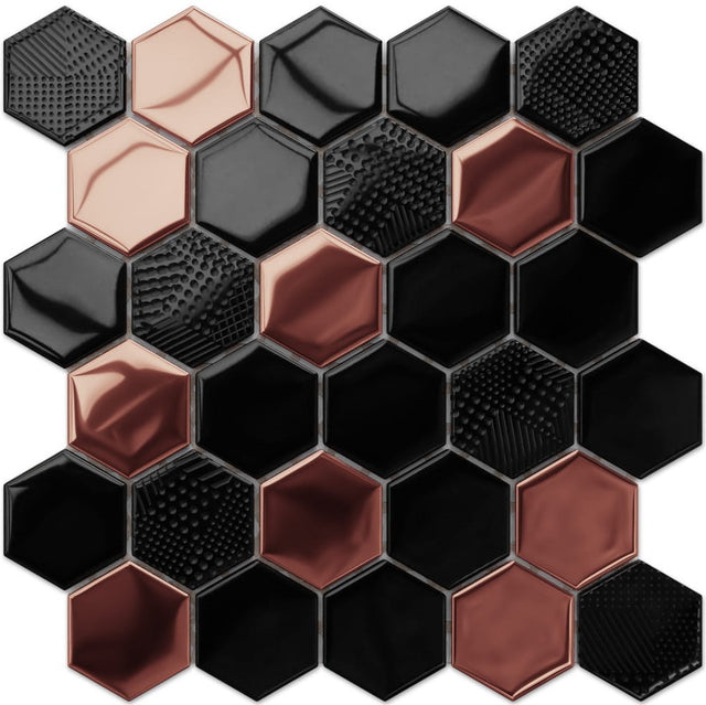 Hexagonal glass mosaic on mesh for bathroom or kitchen 27.1 cm x 28.2 cm - Copper lava