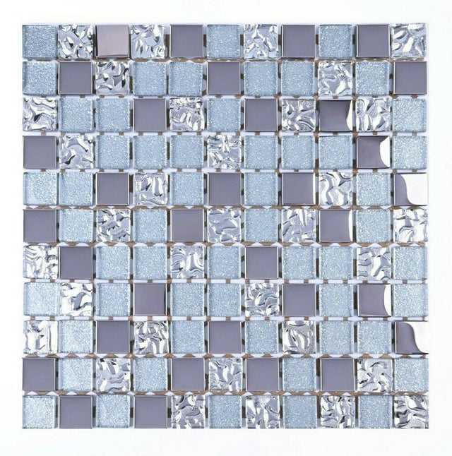 Mosaico in vetro su rete per cucina o bagno 30 cm x 30 cm - Silver Cloud